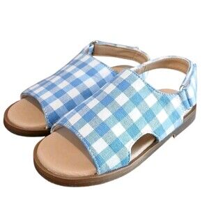 Emerald Blue Gingham Toddler Open  Sandals Size 22/6  Easy Fastner Checkered